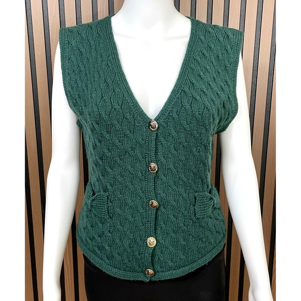 Cullinane Vest 100% Women's Wool‎ Cable Knit Sweater L Vest Bow Green Button